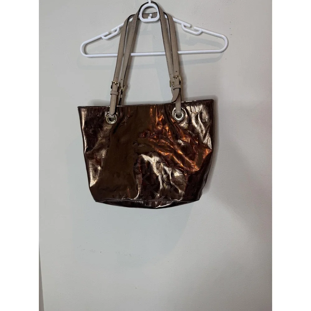 Michael Kors Tote Bag Womens Medium Brown PVC Leather Monogram Shoulder Purse‎